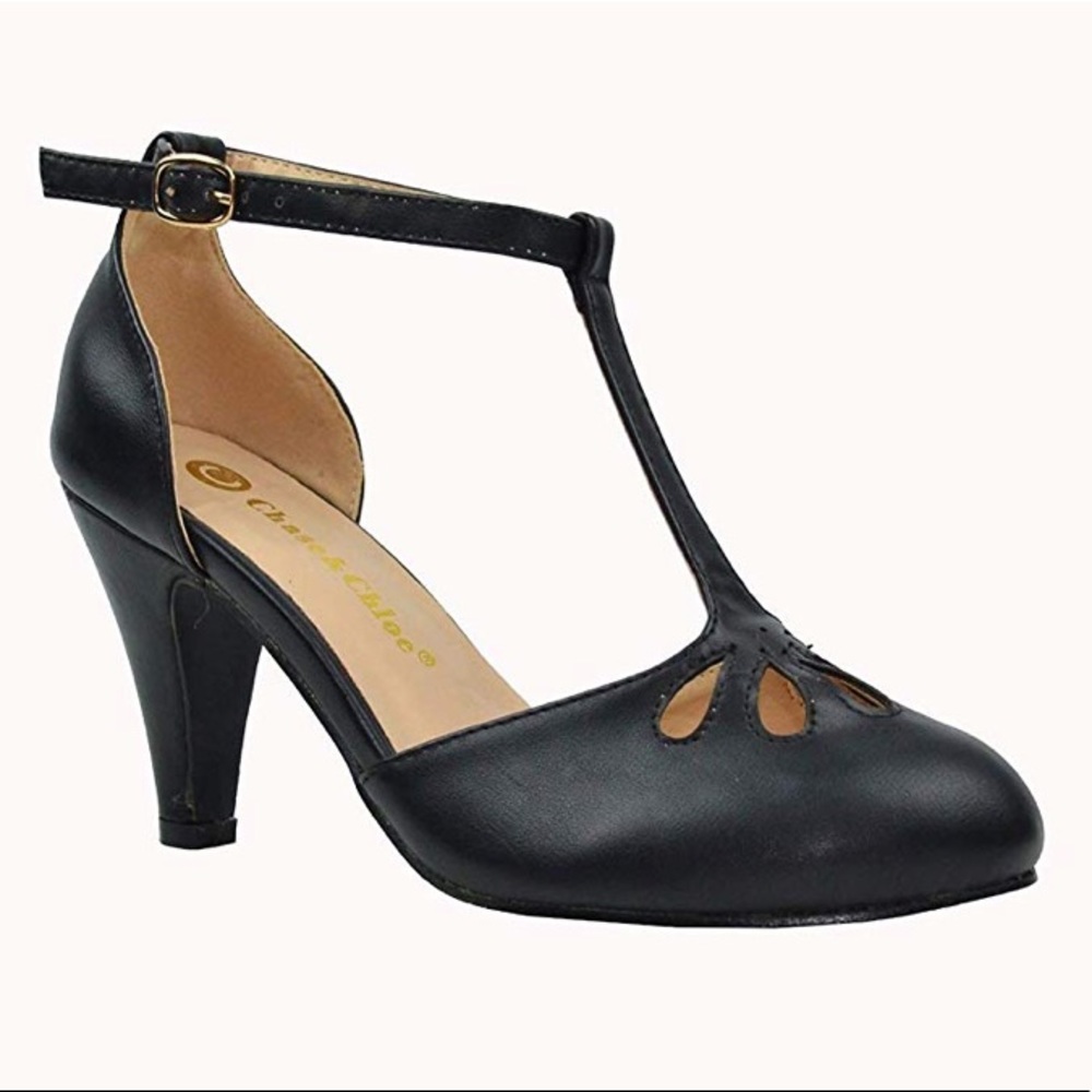 Teardrop Cut Out T-Strap Mid Heel Dress Pumps